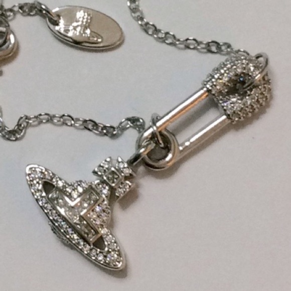 Silver Saturn crystal signature safety pin Orb necklace - Picture 4 of 5